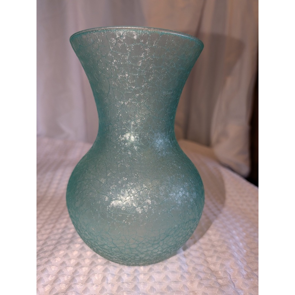 Vintage  Libbey Frosted Crackled Glass Vase Seafoam Green 7"
